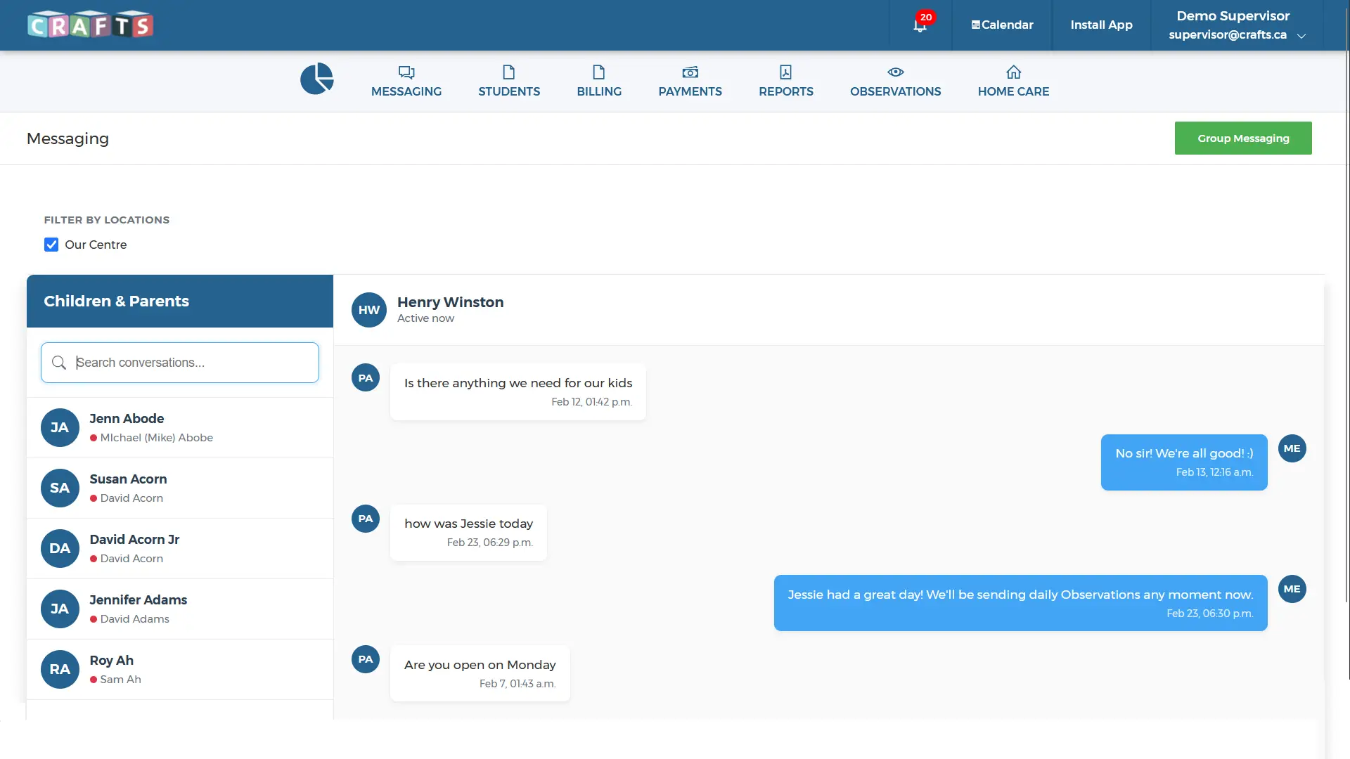 CRAFTS Secure Parent-Caregiver Messaging Hub