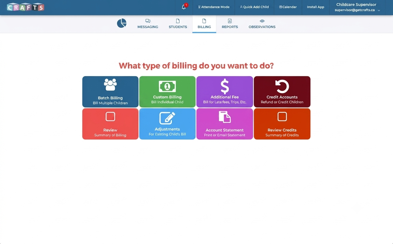 CRAFTS Pre-Authorized Debit and Billing Menu